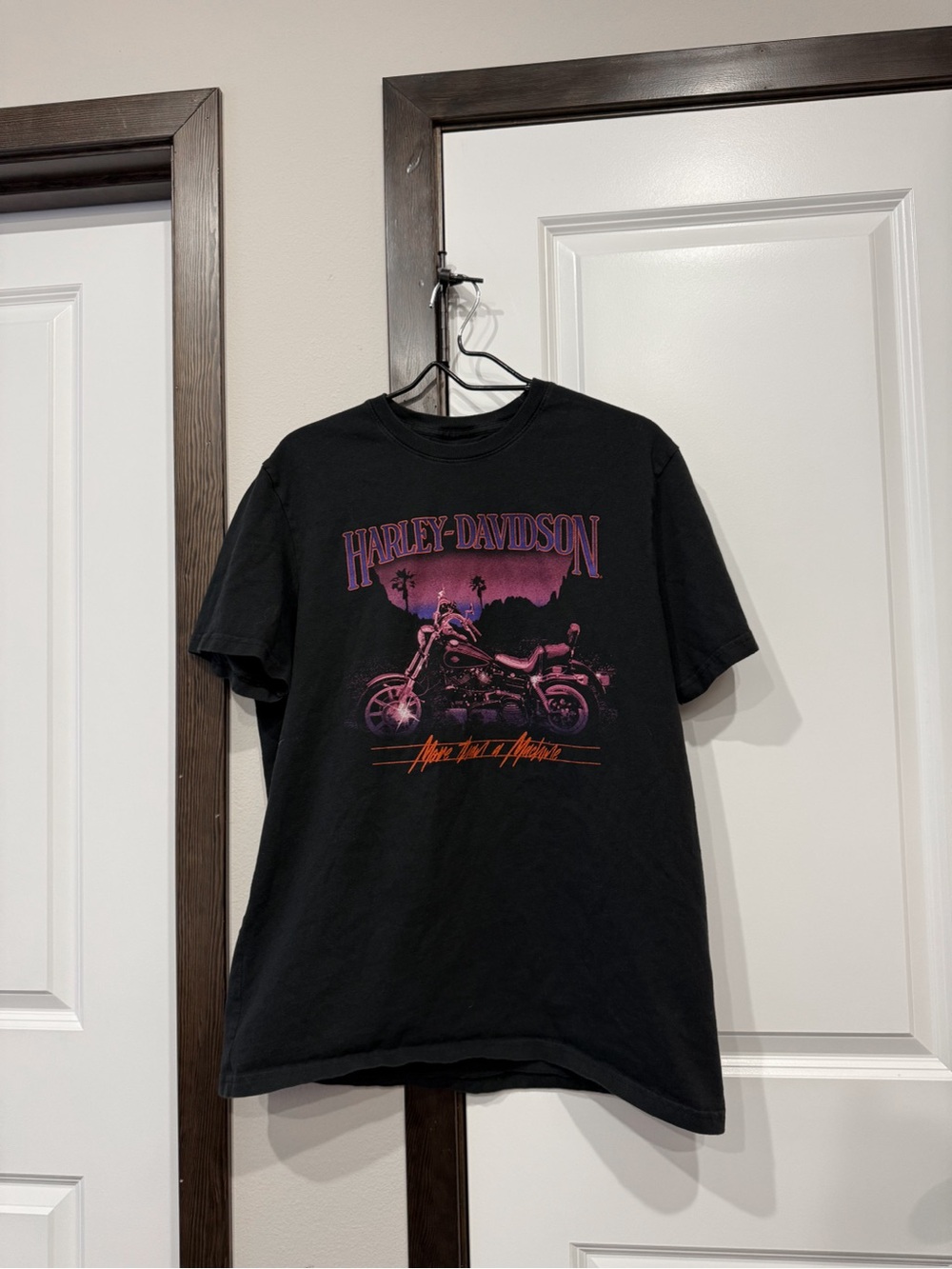Harley-Davidson Black Tee with Purple and Orange Motorcycle Graphic